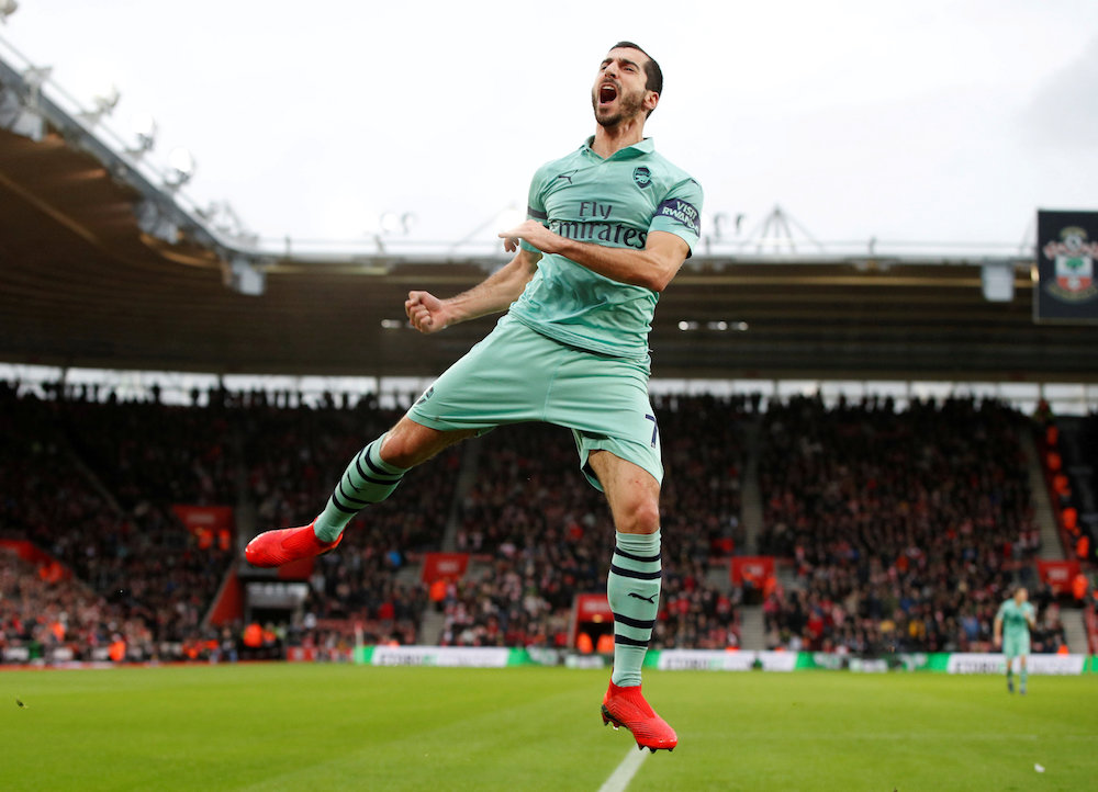 Arsenalu00e2u20acu2122s Henrikh Mkhitaryan celebrates scoring their first goal against Southampton during their Premier League match in Southampton December 16, 2018. u00e2u20acu201d Action Images pic via Reuters