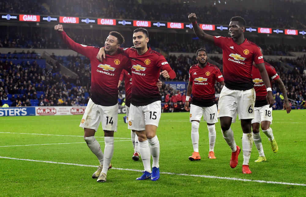 Manchester Unitedu00e2u20acu2122s Jesse Lingard celebrates scoring their fifth goal with team mates during their Premier League match against Cardiff City in Cardiff December 22, 2018. u00e2u20acu201d Reuters pic