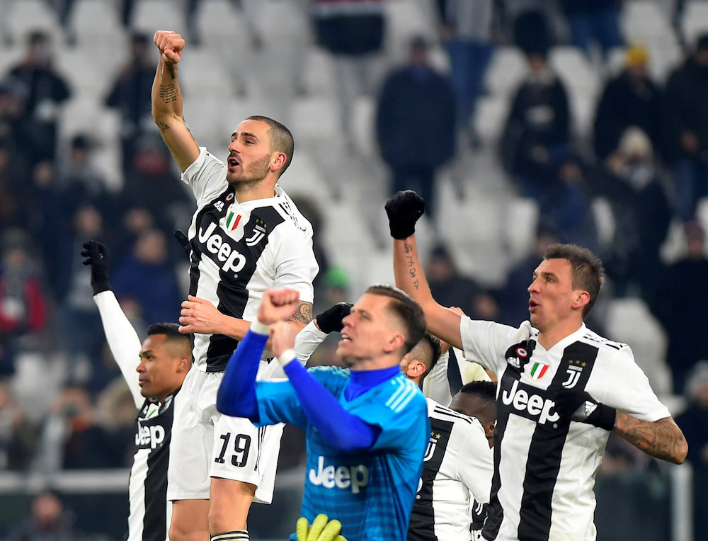 Juventusu00e2u20acu2122 Mario Mandzukic, Wojciech Szczesny and Leonardo Bonucci celebrate after the Serie A match against AS Roma in Turin December 22, 2018. u00e2u20acu201d Reuters pic
