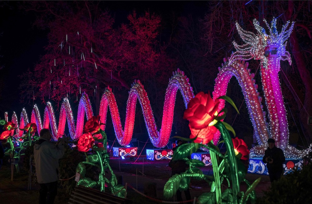 Visitors look at a monumental silk lantern installed at the Foucaud Park in Gaillac, southwestern France, on the occasion of the Lantern Festival, on January 8, 2018. u00e2u20acu201d AFP pic