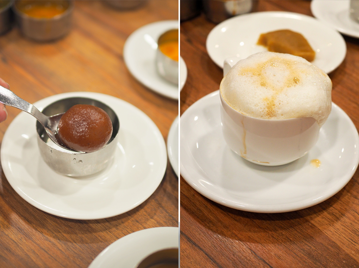 Gulab Jamun is one of the desserts offered here together with their Badam Halwa (left). To end a delicious meal here, order a cup of their brewed coffee that is served with a frothy fresh milk top (right)
