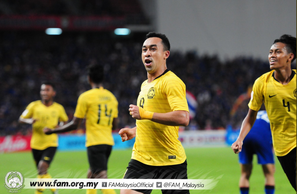 Norshahrul Idlan Talaha celebrates scoring against Thailand at the Rajamangala Stadium in Bangkok December 5, 2018. u00e2u20acu201d Picture via Twitter