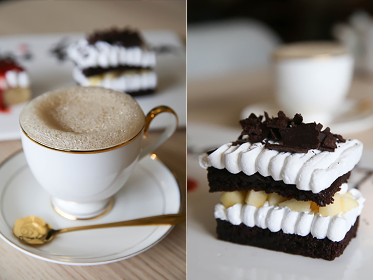 If you are craving for a pick-me-up after a meal here, order their organic coffee served with oat milk (left). Chocolate lovers can opt for the chocolate flavoured vegan cake layered with freshly cut apples and whipped cream made with soy milk (right)