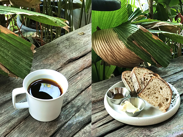 A cup of Uraga Samii coffee from Ethiopia has subtle notes of jasmine, watermelon and peach (left). Freshly-baked sourdough bread, served here with French butter and Marmite (right)