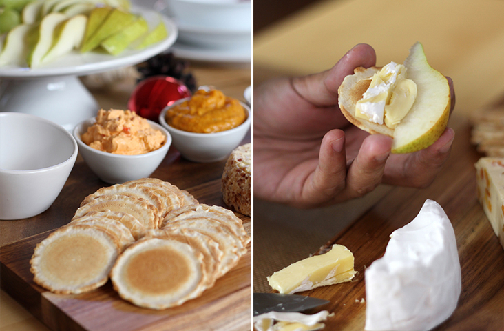 A simple cheeseboard makes for an easy 'hors d’oeuvres' (left).  Crackers, pears and cheese go so well together (right).