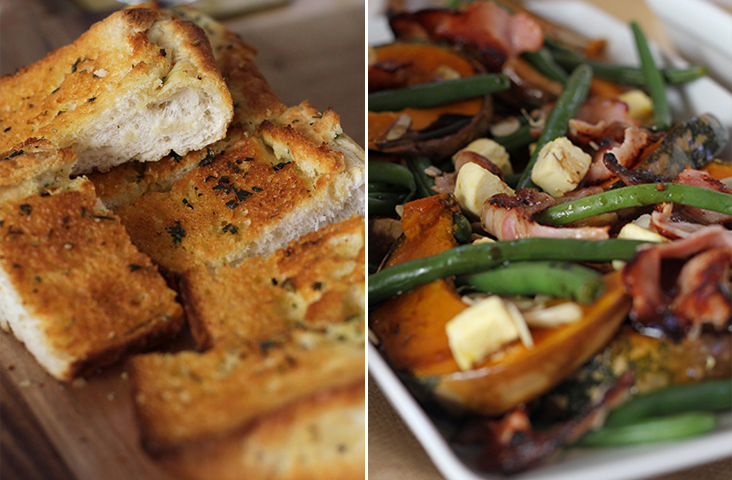 Homemade garlic bread (left). A warm salad of roasted pumpkin, grilled French beans, feta cheese and Christmas ham (right).