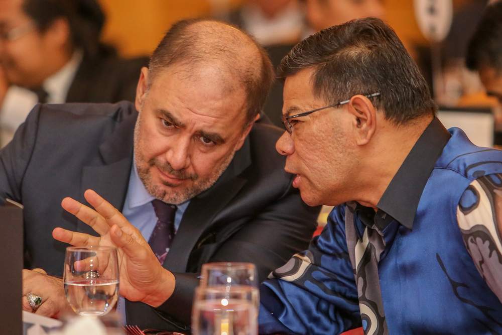 Domestic Trade and Consumer Affairs Minister Datuk Seri Saifuddin Nasution Ismail (right) and Al Sharq Forum president Wadah Khanfar at the Pullman Kuala Lumpur December 20, 2018. u00e2u20acu201d Picture by Hari Anggara