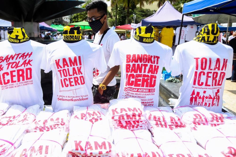 Some of the t-shirts that were sold at the anti-ICERD rally on December 8, 2018. ― Picture by Ahmad Zamzahuri