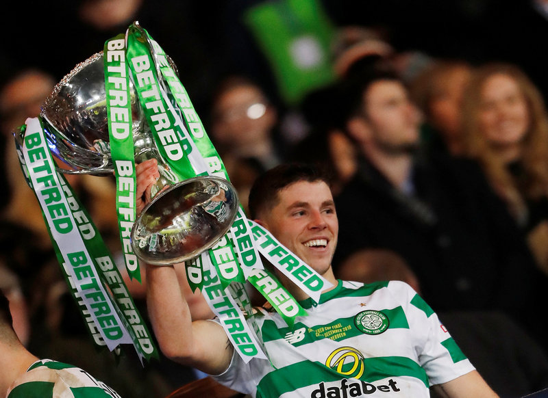 Celtic's Ryan Christie celebrates winning the Scottish League Cup final with the trophy at Hampden Park, Glasgow December 2, 2018. u00e2u20acu201d Reuters pic
