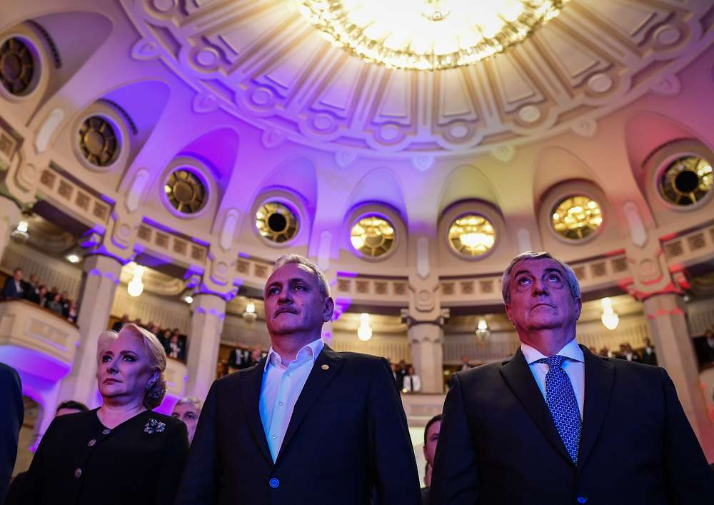 Romanian Social Democrat Party (PSD) leader Liviu Dragnea (centre) is pictured next to Romanian Prime Minister Viorica Dancila (left) and Senate President Calin Popescu Tariceanu in Bucharest December 16, 2018. u00e2u20acu201d AFP pic