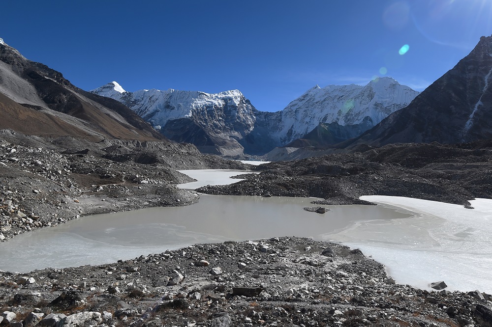 This picture taken on November 22, 2018 shows a general view of the Imja glacial lake controlled exit channel in the Everest region of the Solukhumbu district, some 140km northeast of Kathmandu. u00e2u20acu2022 AFP pic