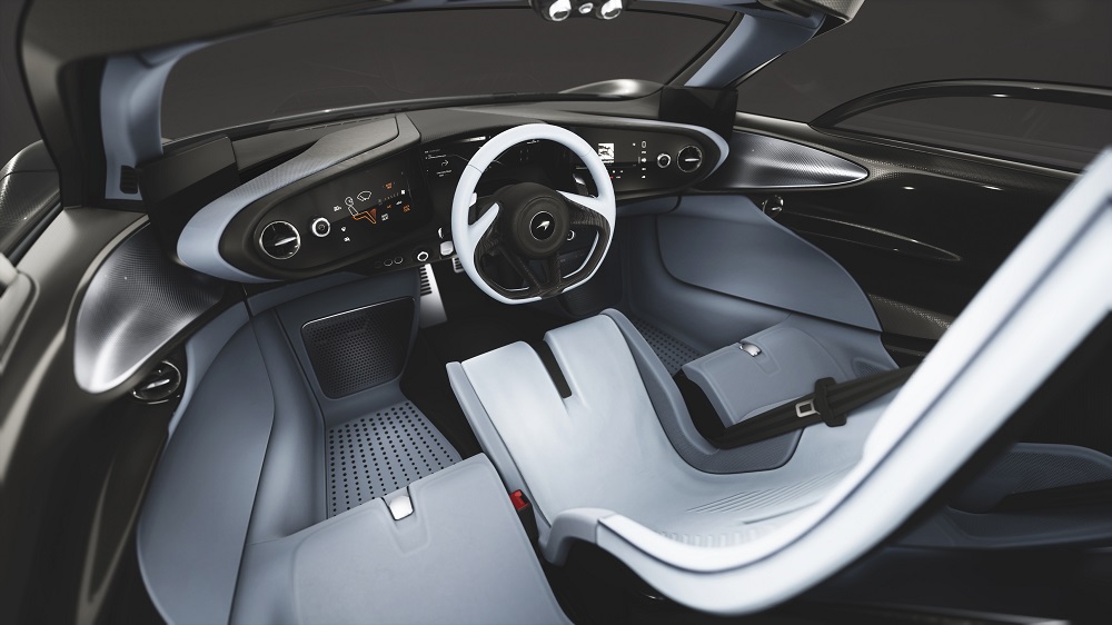 The u00e2u20acu02dcStratosphereu00e2u20acu2122 interior option, part of the u00e2u20acu02dcUrbaneu00e2u20acu2122 collection, is one of several customizable configurations available from McLaren for the upcoming Speedtail hypercar. u00e2u20acu201d Picture courtesy of McLaren Automotive