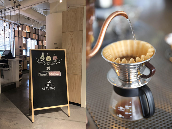 The iconic Three Little Birds logo (left). Watch out for future coffee brewing classes at Three Little Birds (right).