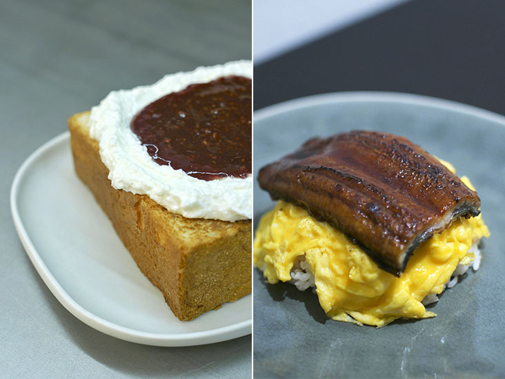 Toast with homemade ricotta cheese and jam (left). Three Little Birds’s take on the classic unadon with a luscious slab of grilled freshwater eel atop soft scrambled egg and steamed rice (right).