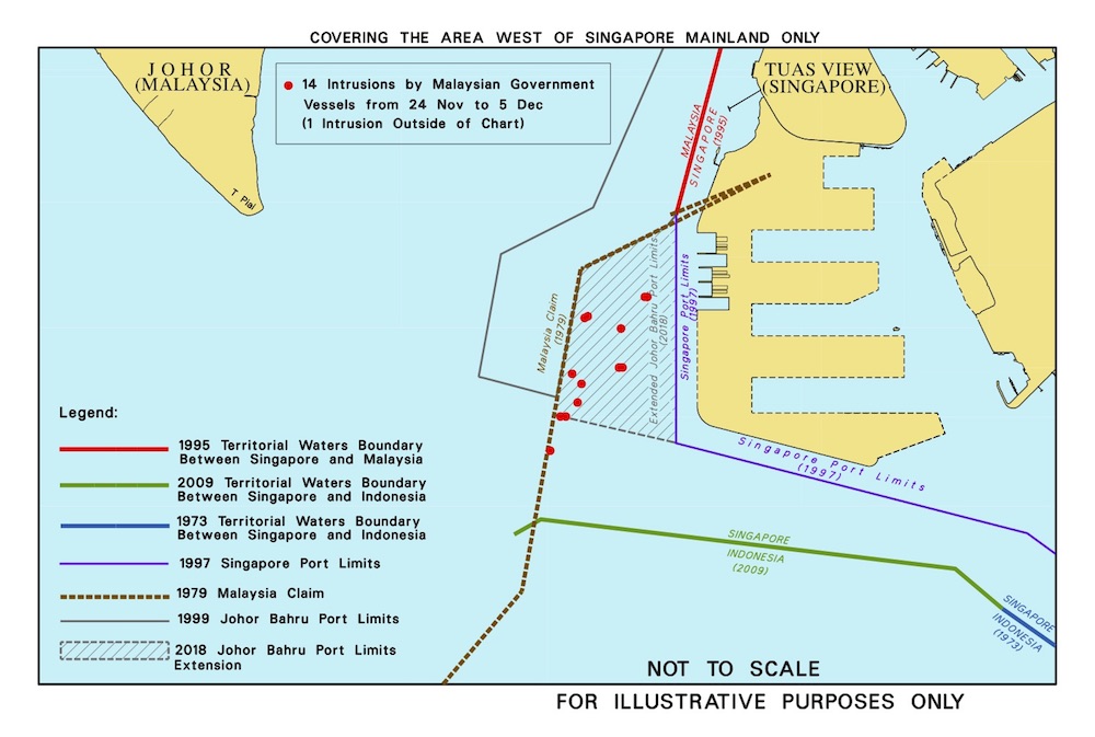 A map showing the maritime territorial boundaries between Singapore and Malaysia, and Singapore’s port limits extension. — Source: Singapore Ministry of Transport