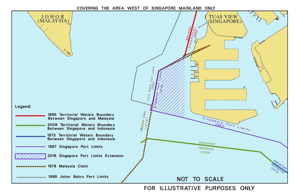 A map showing the maritime territorial boundaries between Singapore and Malaysia, and Singapore’s port limits extension. — Source: Singapore Ministry of Transport