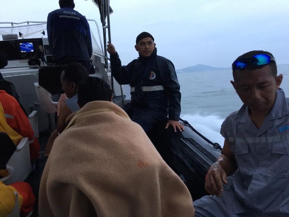 The six injured crew members on board a Malaysian Maritime Enforcement Agency boat after the agency responded to the explosion at five nautical miles southwest of Pulau Sialu near Batu Pahat yesterday.u00e2u20acu201d Picture courtesy of MMEA