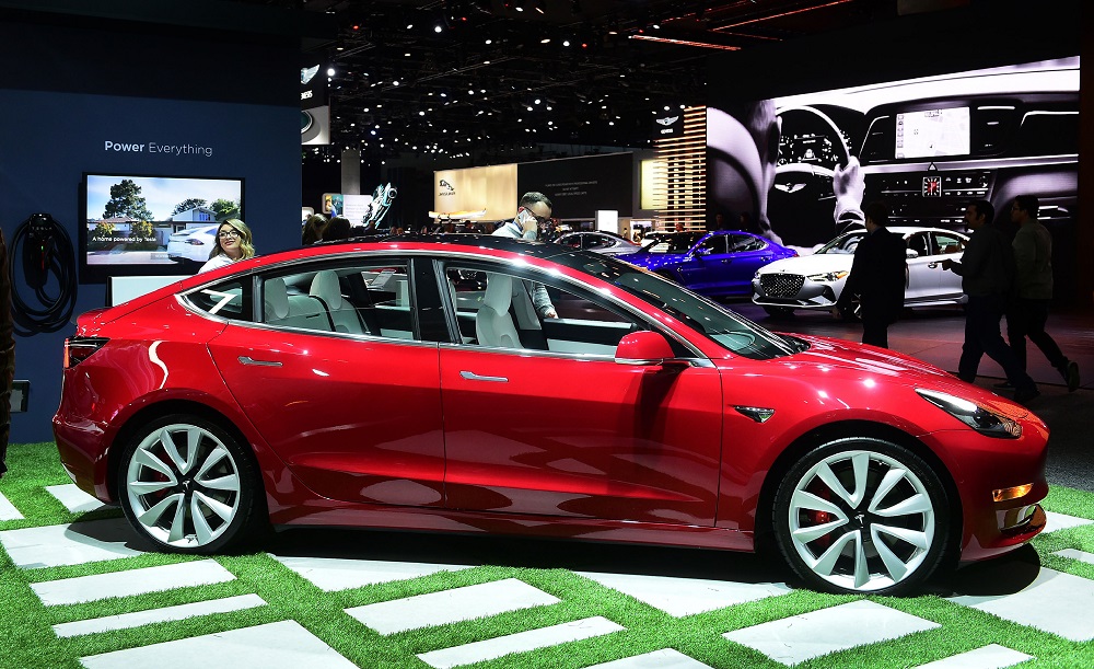 The Tesla Model 3 on display in Los Angeles. u00e2u20acu201d Frederic J. BROWN / AFP pic
