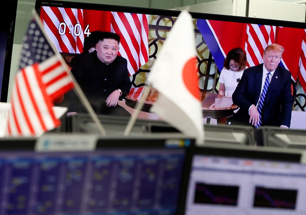 A television monitors broadcasting a meeting between US President Donald Trump and North Korean leader Kim Jong-un during their second summit in Hanoi, is seen at a foreign exchange trading company in Tokyo, February 28, 2019. u00e2u20acu201d Reuters pic