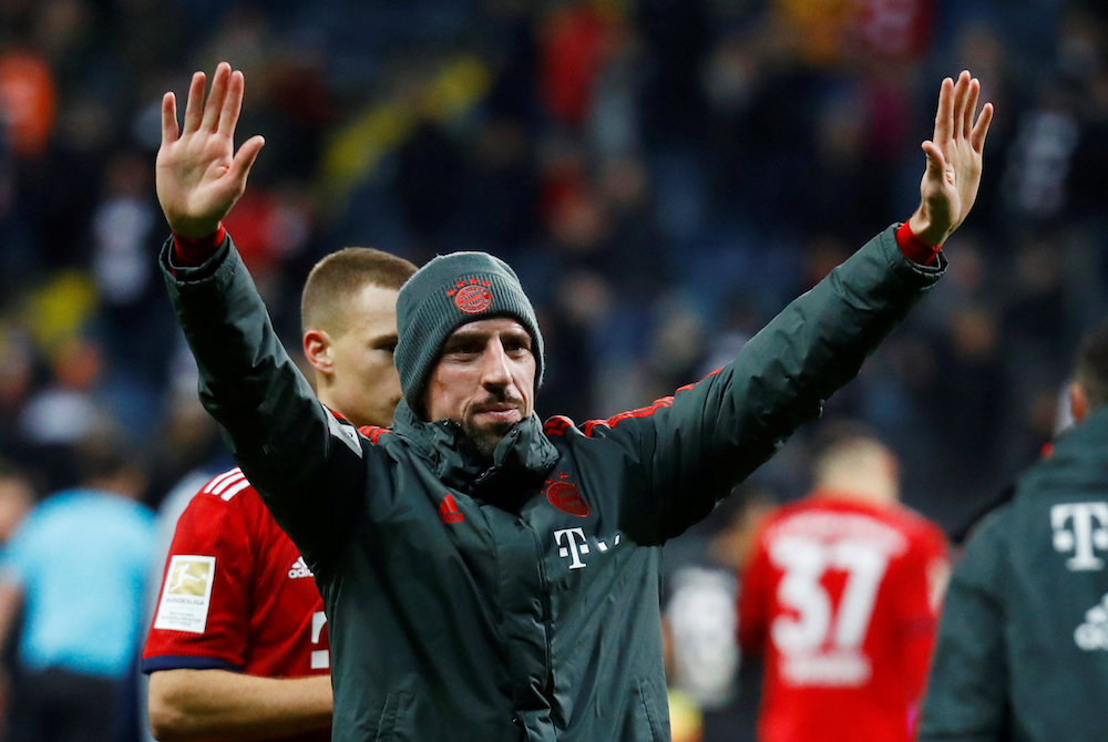 Bayern Munichu00e2u20acu2122s Franck Ribery celebrates after the Bundesliga match against Eintracht Frankfurt at the Commerzbank-Arena in Frankfurt December 22, 2018. u00e2u20acu201d Reuters pic