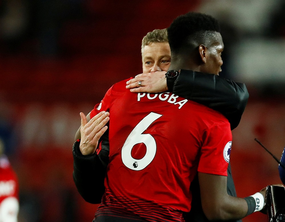 Manchester United interim manager Ole Gunnar Solskjaer celebrates with Paul Pogba after the match against Bournemouth at the Old Trafford December 30, 2018. u00e2u20acu201d Picture by Action Images via Reuters