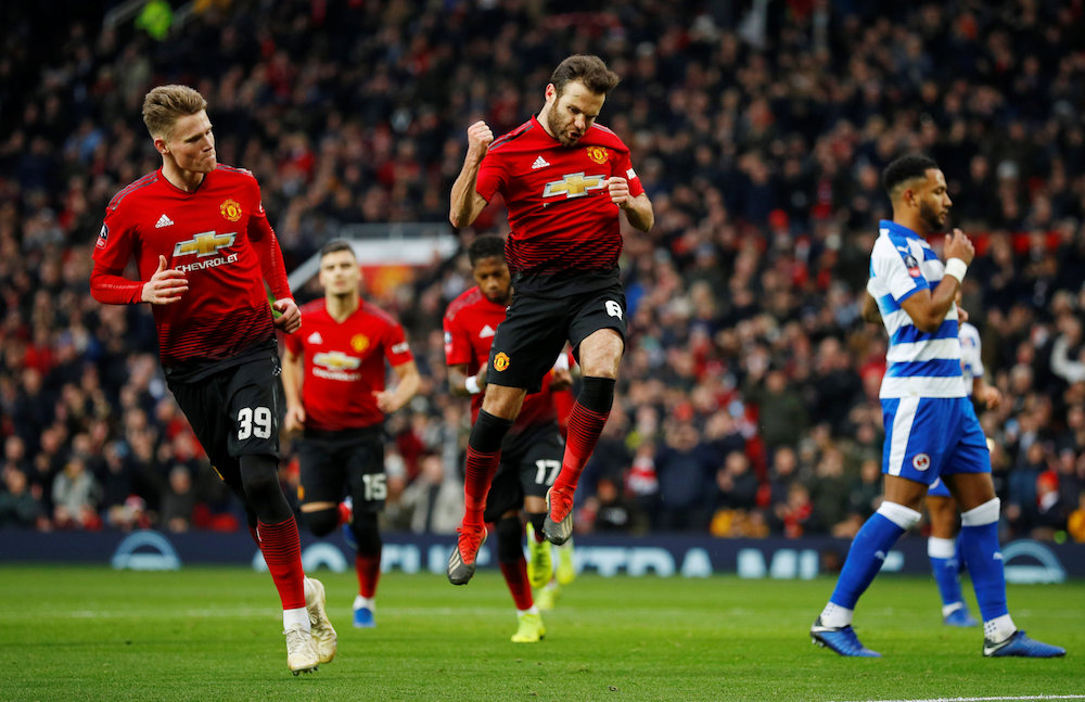 Manchester Unitedu00e2u20acu2122s Juan Mata celebrates scoring their first goal against Reading during their FA Cup third-round match at Old Trafford in Manchester January 5, 2019. u00e2u20acu201d Reuters pic