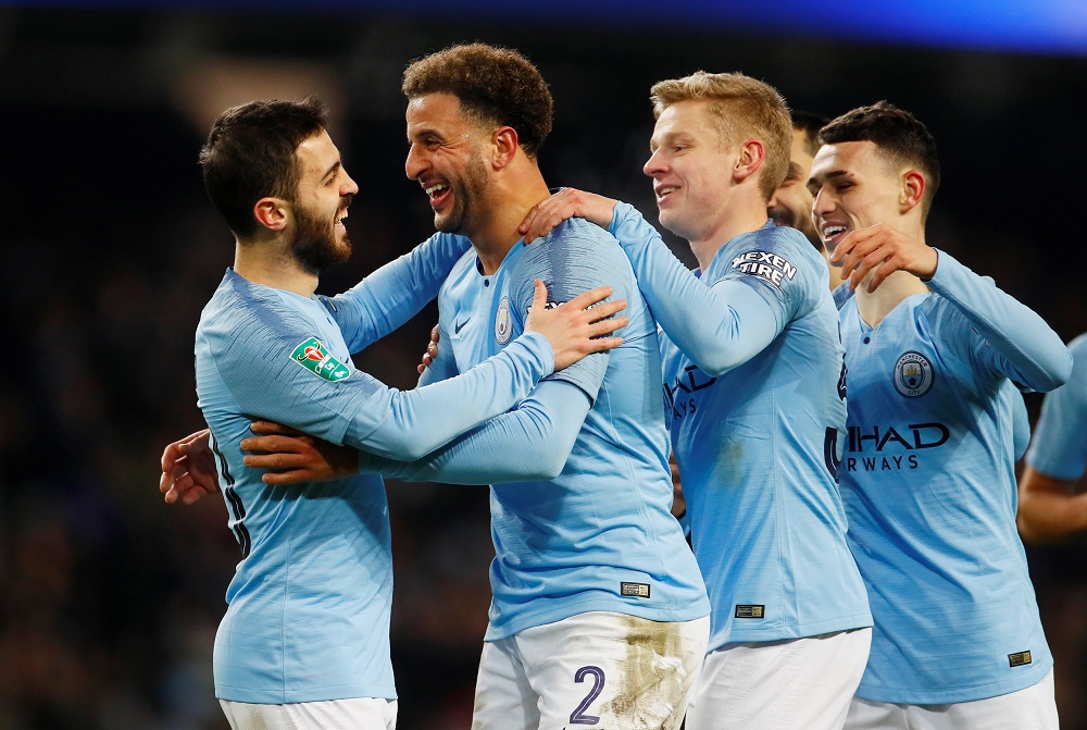 Manchester City's Kyle Walker celebrates scoring their eighth goal with Bernardo Silva at the Etihad Stadium in Manchester January 9, 2019. u00e2u20acu201d Picture by Action Images via Reuters