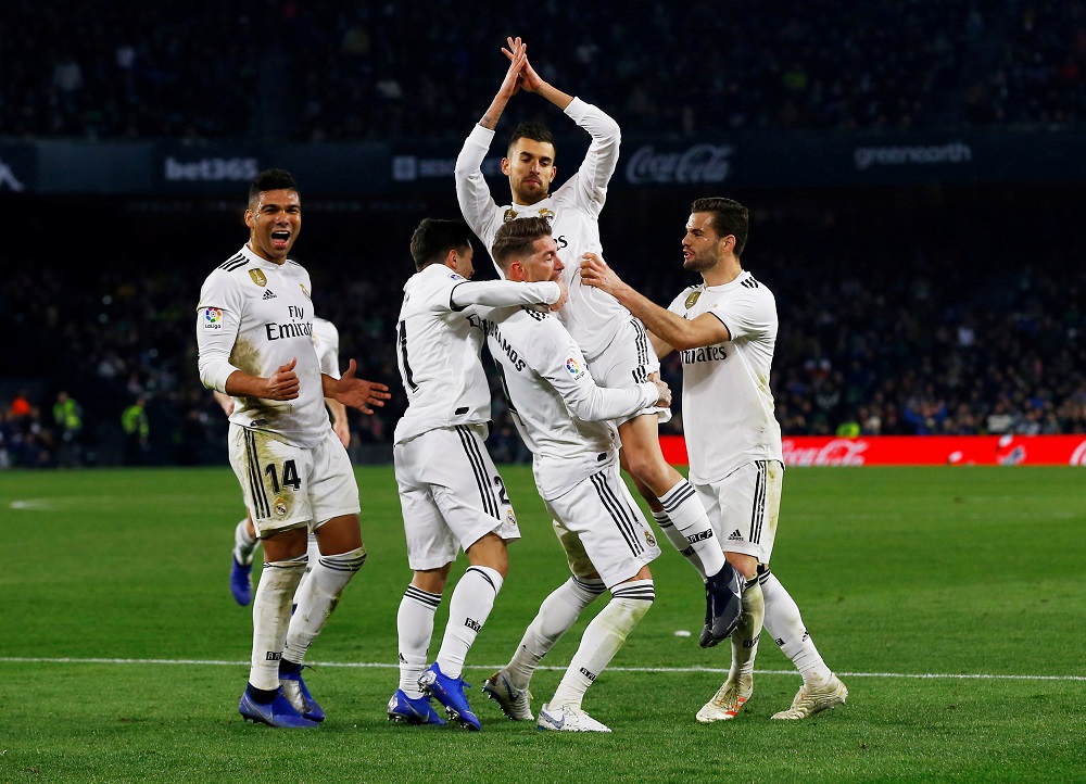Real Madrid's Dani Ceballos celebrates with team mates after scoring their second goal at the Benito Villamarin stadium in Seville January 13, 2019. u00e2u20acu201d Reuters pic