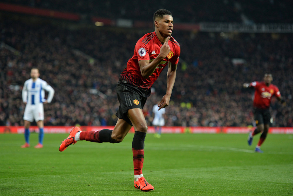 Manchester Unitedu00e2u20acu2122s Marcus Rashford celebrates scoring their second goal during their Premier League match with Brighton and Hove Albion at Old Trafford in Manchester January 19, 2019. u00e2u20acu201d Reuters pic