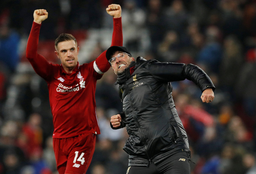 Liverpool manager Jurgen Klopp and Jordan Henderson celebrate at the end of the Premier League match against Crystal Palace at Anfield in Liverpool January 19, 2019. u00e2u20acu201d Reuters pic