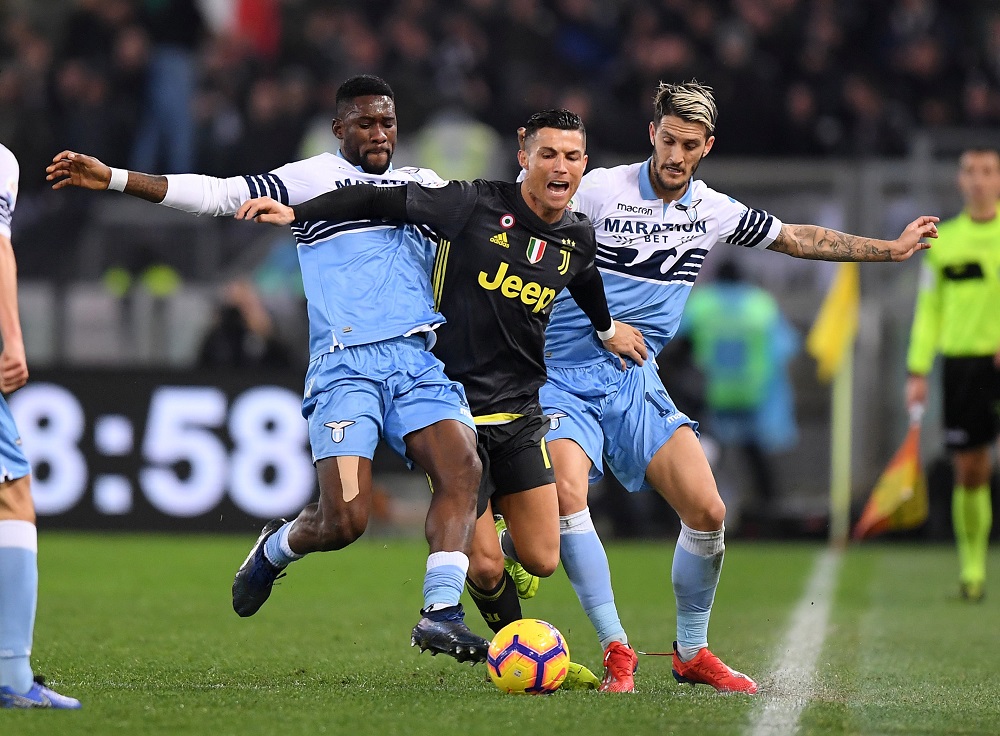 Juventus' Cristiano Ronaldo in action with Lazio's Bastos and Luis Alberto at the Stadio Olimpico in Rome January 27, 2019. u00e2u20acu201d Reuters pic