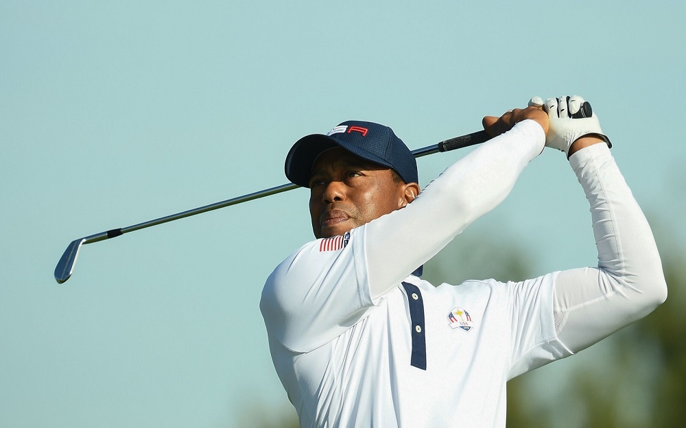 Tiger Woods plays a tee shot during his foursomes match on the second day of the 42nd Ryder Cup at Le Golf National Course at Saint-Quentin-en-Yvelines September 29, 2018. u00e2u20acu201d AFP pic