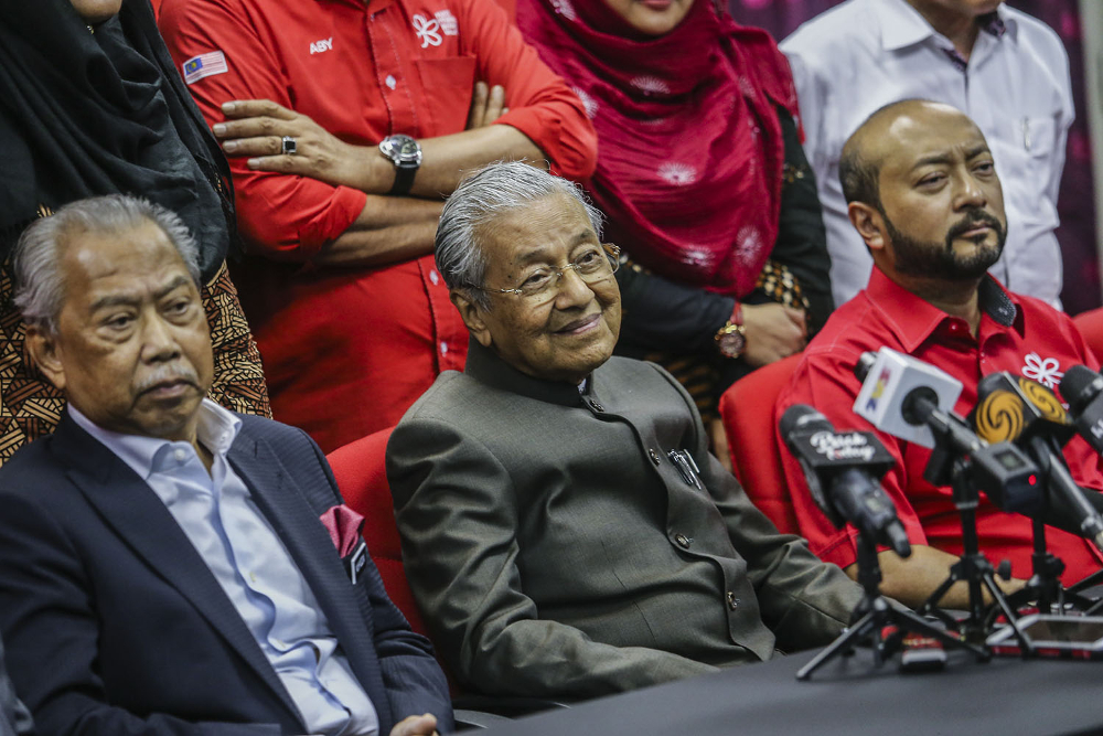 (From left) Tan Sri Muhyiddin Yassin, Tun Dr Mahathir Mohamad and Datuk Seri Mukhriz Mahathir at a press conference after the PPBM Supreme Council meeting in Kuala Lumpur January 29, 2019. u00e2u20acu201d Picture by Hari Anggara