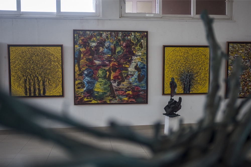 Paintings by Ghanaian artist Ablade Glover are exhibited at the Artist Alliance Gallery in Accra December 11, 2018. u00e2u20acu201d AFP pic