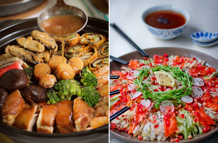 Finish the 'poon choy' by ladling a rich broth over everything (left). Tee’s popular Fruity Yee Sang has a fresher bite compared to the traditional 'yee sang' (right)