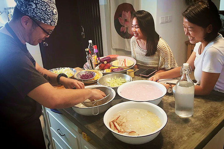 Sharing a joke during the cooking class
