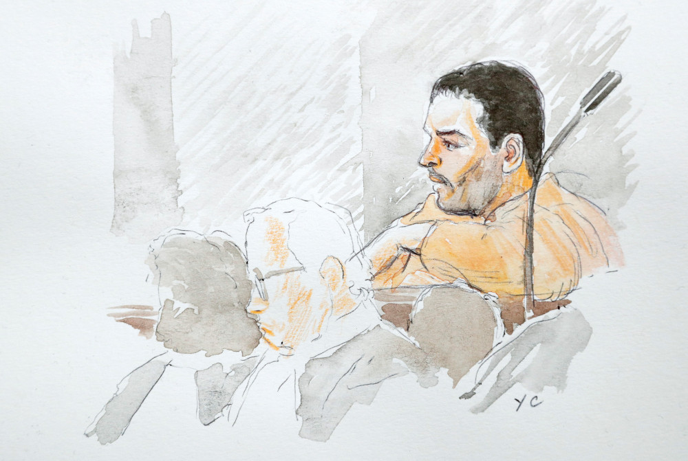 Court artist drawing shows Mehdi Nemmouche during his trial and that of Nacer Bendrer, suspected of killing four people in a shooting at Brusselsu00e2u20acu2122 Jewish Museum in 2014, at Brusselsu00e2u20acu2122 Palace of Justice, Belgium January 10, 2019. u00e2u20acu201d Reuters pic