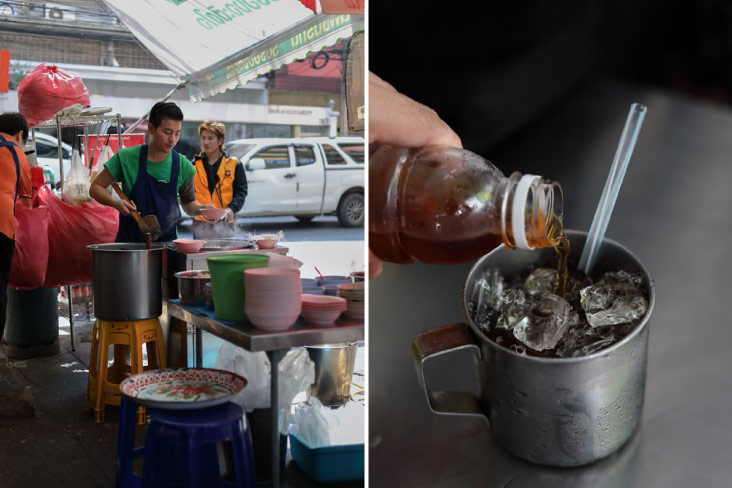 A busy cook at Rung Rueang dishing up fresh bowls to order (left). Quench your thirst with some homemade 'lor hon gor' (monk fruit) drink (right)
