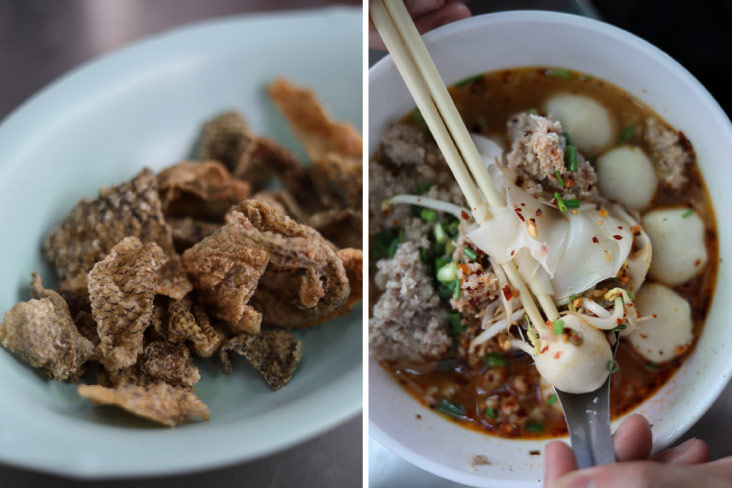 These crispy deep-fried fish skin are dangerously addictive! (left). Try the 'kuai tiao tom yum' if you like it really spicy (right)