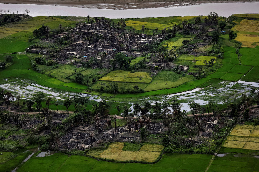 The remains of a burned Rohingya village is seen in this aerial photograph near Maungdaw, north of Rakhine State, Myanmar September 27, 2017. u00e2u20acu2022 Reuters picnn