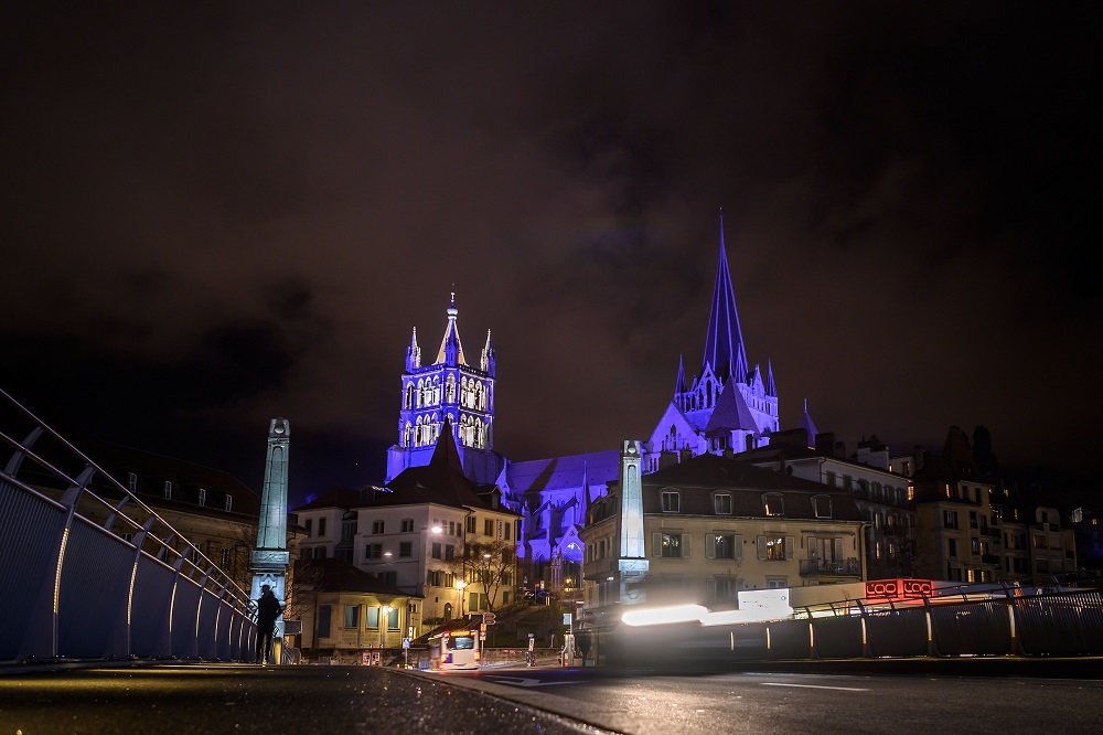 The Lausanne Cathedral is illuminated on late December 17, 2018. ― AFP pic 