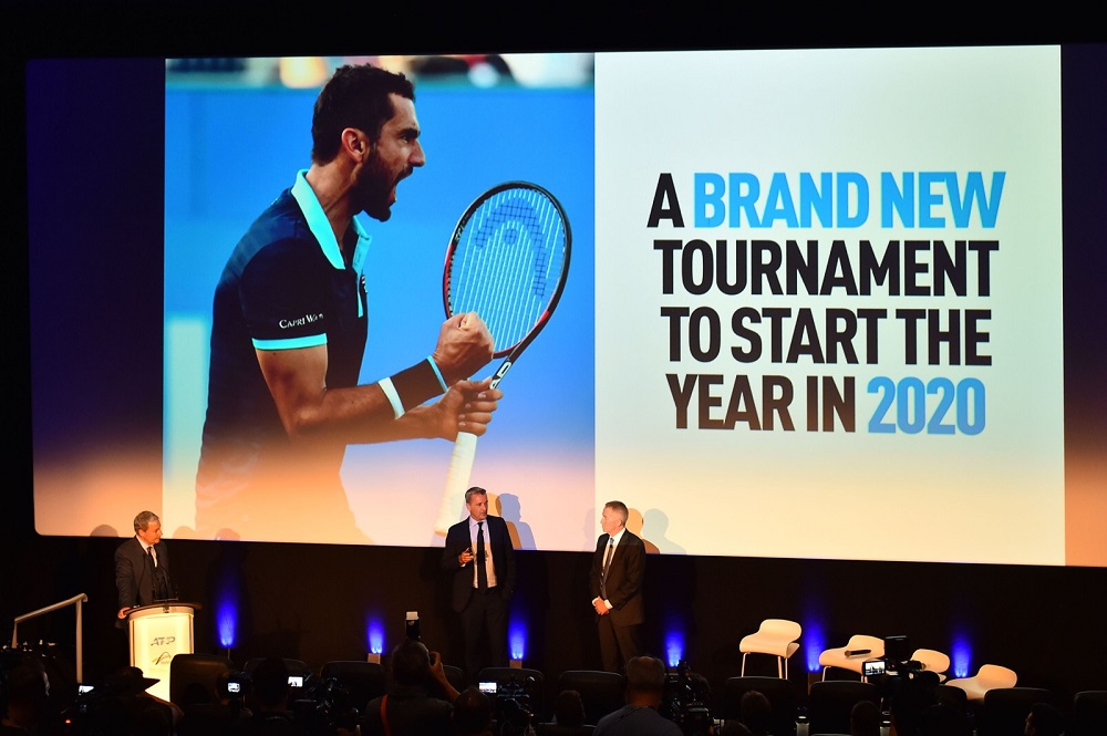 ATP President Chris Kermode (centre) speaks at the launch of the new ATP cup tournament on the sidelines of the ATP tour finals in London November 15, 2018. u00e2u20acu201d AFP pic
