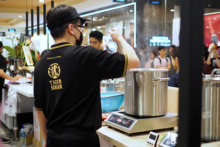 Boba pearls and brown sugar syrup are cooked every few hours