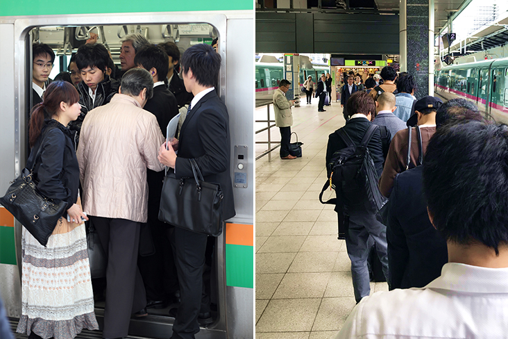 Let’s all squeeze in! (left). Queueing is an intrinsic part of Japanese culture, so why not join in? (right)
