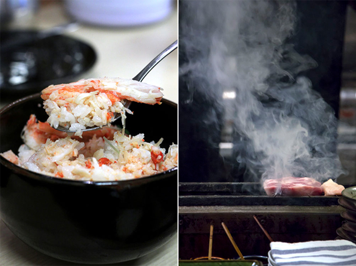 Sweet 'kani' (crabmeat) is a popular 'donburi' (rice bowl) topping (left). 'Wagyu' beef being grilled (right)