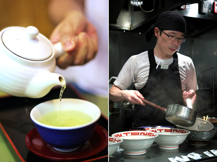 Wash it all down with some hot 'sencha' green tea (left). Cook preparing bowls of 'ramen' noodles (right)