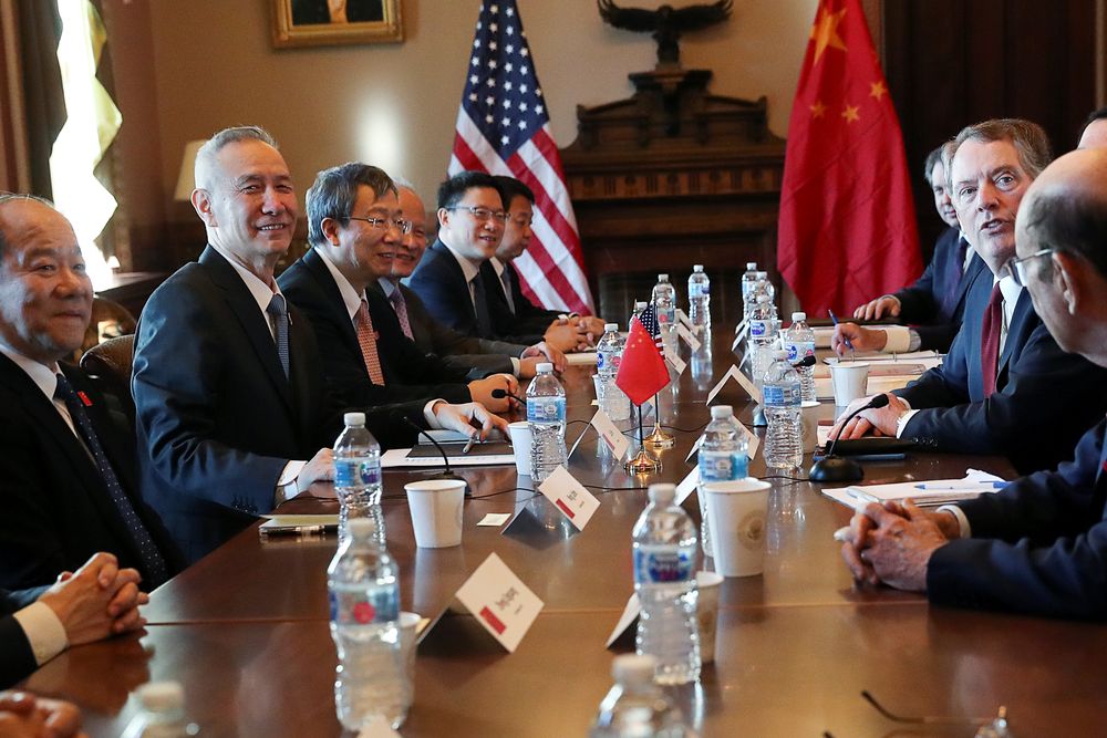 US Trade Representative Robert Lighthizer (second right) sits across from Chinau00e2u20acu2122s Vice Premier Liu He (left) during the US-China Trade Talks in the Eisenhower Executive Office Building at the White House in Washington, January 30, 2019. u00e2u20acu201d Reuters pic