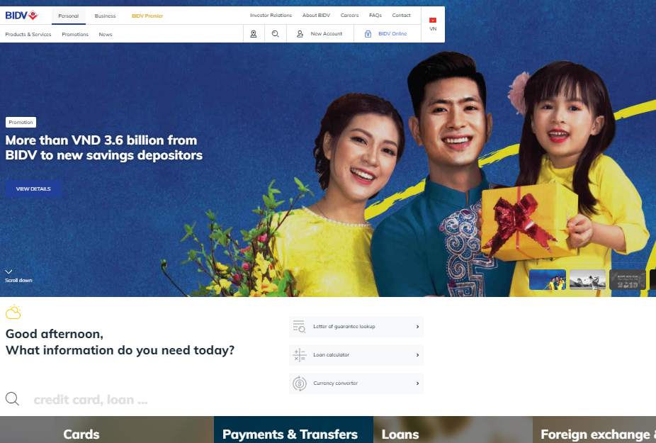 Screengrab of the Bank for Investment and Development of Vietnam (BIDV) internet portal.