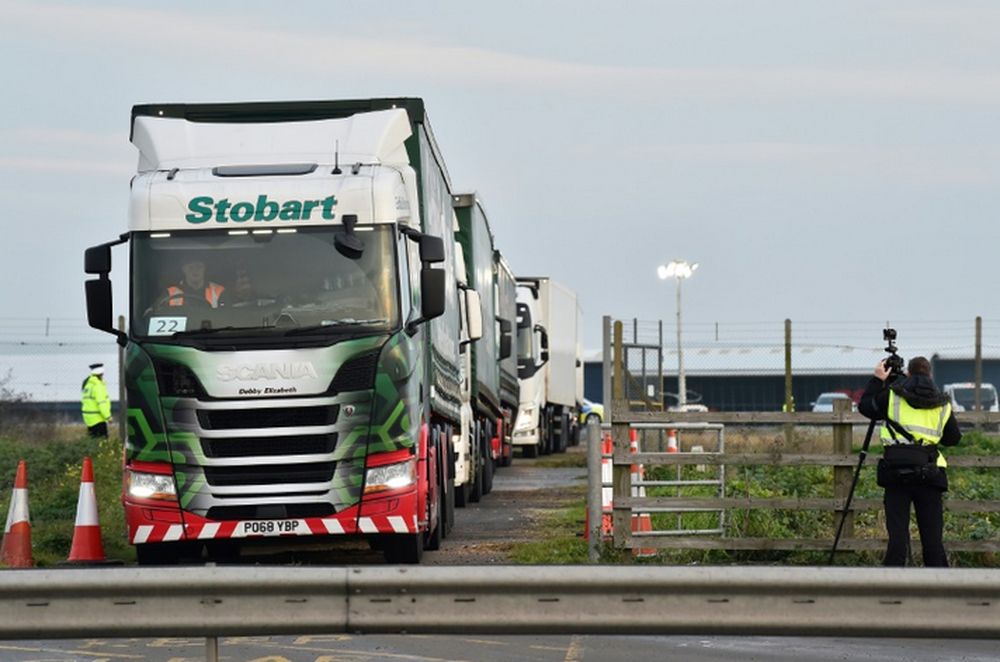 Lorries leave Manston airport in south east England for a trial to tackle post-Brexit traffic queues which Dover port has warned could lead to chaos. u00e2u20acu201d AFP pic