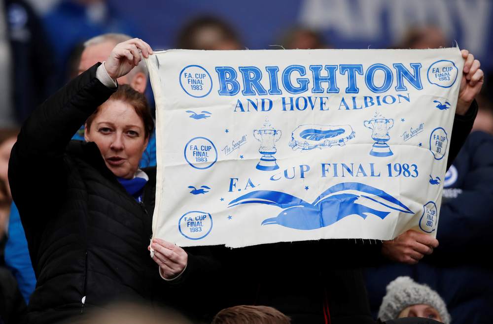 Brighton fans hold up a sign before the FA Cup fourth round match with West Bromwich Albion at the American Express Community Stadium, Brighton January 26, 2019. u00e2u20acu201d Reuters pic
